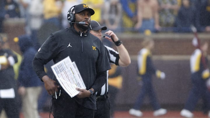 Sep 28, 2024; Ann Arbor, Michigan, USA;  Michigan Wolverines head coach Sherrone Moore on the sideline in the first half against the Minnesota Golden Gophers at Michigan Stadium. Mandatory Credit: Rick Osentoski-Imagn Images