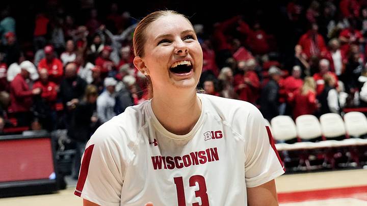 Wisconsin outside hitter Sarah Franklin (13) smiles as her name is chanted at the end of the match against Nebraska on Friday, Nov. 24, 2023, at the UW Field House in Madison, Wis.