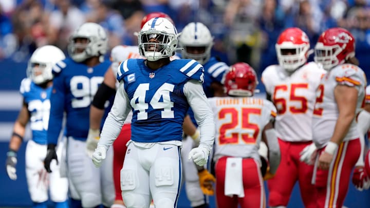 Indianapolis Colts linebacker Zaire Franklin (44) gets pumped up on the field Sunday, Sept. 25, 2022, during a game against the Kansas City Chiefs at Lucas Oil Stadium in Indianapolis. Indianapolis Colts linebacker Zaire Franklin (44) gets pumped up on the field Sunday, Sept. 25, 2022, during a game against the Kansas City Chiefs at Lucas Oil Stadium in Indianapolis.