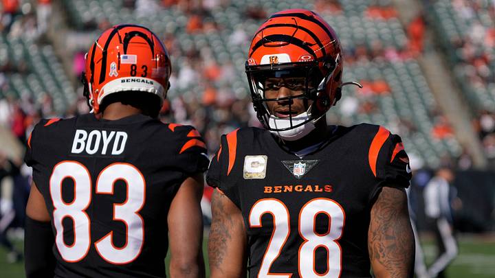 Cincinnati Bengals running back Joe Mixon (28) and Tyler Boyd take the field at Paycor Stadium Sunday, November 12, 2023. Cincinnati Bengals running back Joe Mixon (28) and Tyler Boyd take the field at Paycor Stadium Sunday, November 12, 2023.