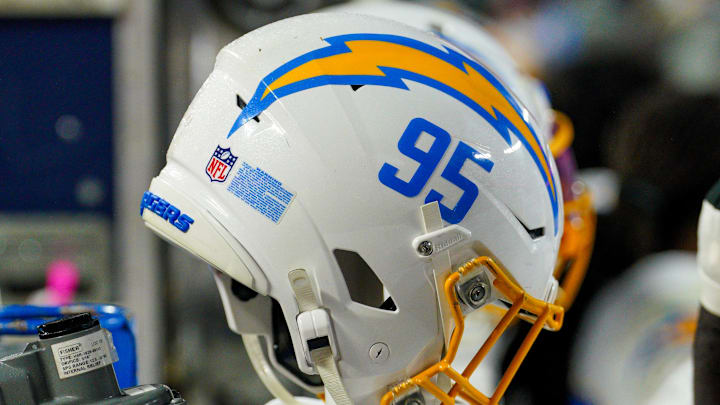 Dec 8, 2024; Kansas City, Missouri, USA; A general view of a Los Angeles Chargers helmet against the Kansas City Chiefs during the second half at GEHA Field at Arrowhead Stadium. Mandatory Credit: Denny Medley-Imagn Images
