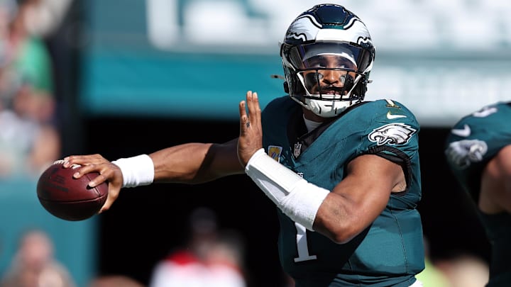 Oct 5, 2025; Philadelphia, Pennsylvania, USA; Philadelphia Eagles quarterback Jalen Hurts (1) passes against the Denver Broncos in the second quarter at Lincoln Financial Field. Mandatory Credit: Bill Streicher-Imagn Images