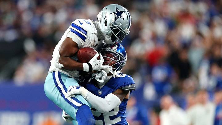 Sep 13, 2026; East Rutherford, New Jersey, USA; New York Giants cornerback Dru Phillips (22) tackles Dallas Cowboys wide receiver George Pickens (3) during the first quarter at MetLife Stadium. Mandatory Credit: Vincent Carchietta-Imagn Images Sep 13, 2026; East Rutherford, New Jersey, USA; New York Giants cornerback Dru Phillips (22) tackles Dallas Cowboys wide receiver George Pickens (3) during the first quarter at MetLife Stadium. Mandatory Credit: Vincent Carchietta-Imagn Images