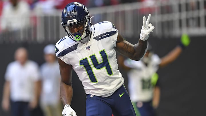 Oct 27, 2019; Atlanta, GA, USA; Seattle Seahawks wide receiver D.K. Metcalf (14) reacts after catching a touchdown pass against the Atlanta Falcons during the first half at Mercedes-Benz Stadium. Mandatory Credit: Dale Zanine-Imagn Images