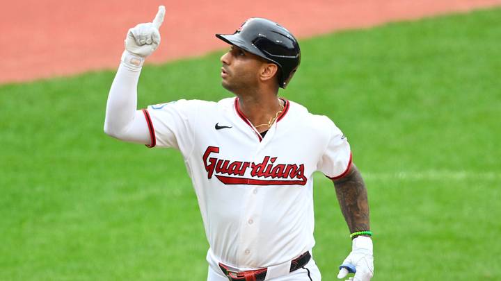 Sep 4, 2026; Cleveland, Ohio, USA; Cleveland Guardians shortstop Brayan Rocchio (4) celebrates his grand slam in the fourth inning against the Detroit Tigers at Progressive Field. Mandatory Credit: David Richard-Imagn Images Sep 4, 2026; Cleveland, Ohio, USA; Cleveland Guardians shortstop Brayan Rocchio (4) celebrates his grand slam in the fourth inning against the Detroit Tigers at Progressive Field. Mandatory Credit: David Richard-Imagn Images
