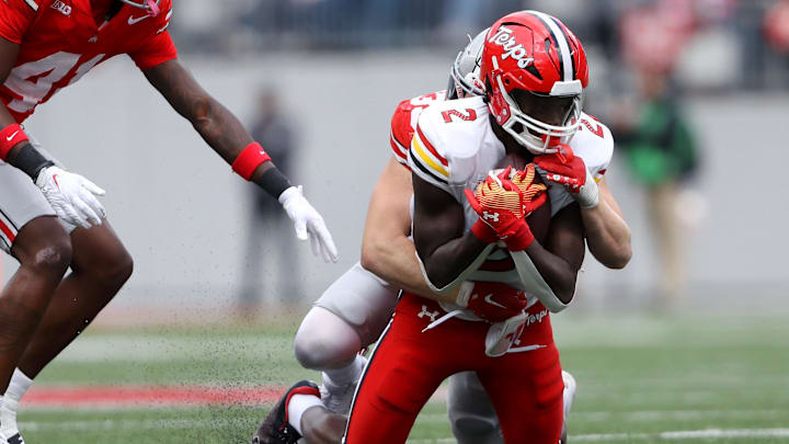 Oct 7, 2023; Columbus, Ohio, USA;  Maryland Terrapins defensive back Beau Brade (2) makes the catch to intercept the Buckeyes.