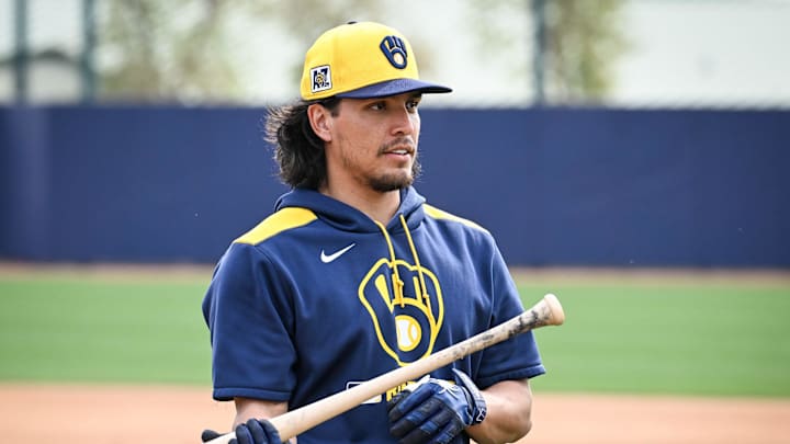 Milwaukee Brewers infielder Anthony Seigler played with a bat during spring training workouts Monday, February 17, 2025, at American Family Fields of Phoenix in Phoenix, Arizona.
