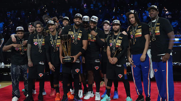Dec 16, 2025; Las Vegas, Nevada, USA; The New York Knicks pose for a photograph after winning the Emirates NBA Cup Final at T-Mobile Arena. Mandatory Credit: Kirby Lee-Imagn Images