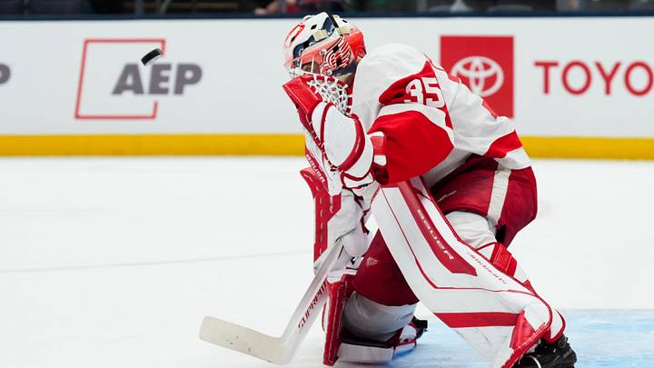 Sep 21, 2026; Columbus, Ohio, USA;  Detroit Red Wings goaltender Michal Postava (35) makes a save in net against the Columbus Blue Jackets in the overtime period at Nationwide Arena. Mandatory Credit: Aaron Doster-Imagn Images