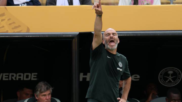Jul 13, 2025; East Rutherford, New Jersey, USA; Chelsea FC head coach Enzo Maresca  reacts during the final of the 2025 FIFA Club World Cup at MetLife Stadium. Mandatory Credit: Vincent Carchietta-Imagn Images