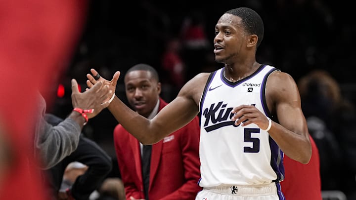 Dec 29, 2023; Atlanta, Georgia, USA; Sacramento Kings guard De'Aaron Fox (5) reacts after the Kings defeated the Atlanta Hawks at State Farm Arena. Mandatory Credit: Dale Zanine-Imagn Images