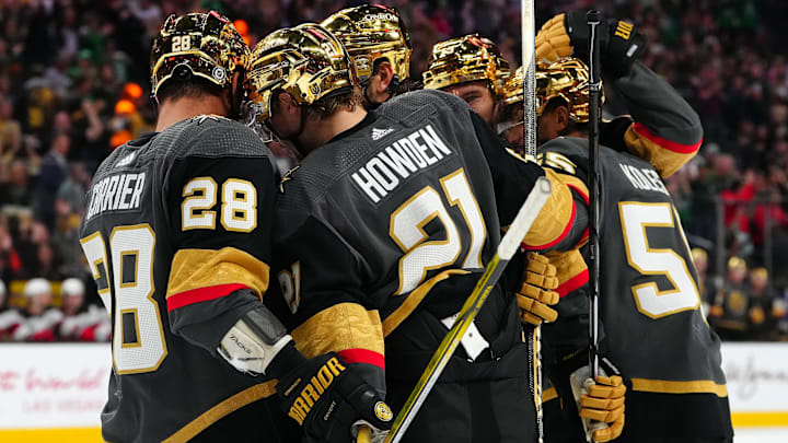 Mar 17, 2024; Las Vegas, Nevada, USA; Vegas Golden Knights left wing William Carrier (28) celebrates