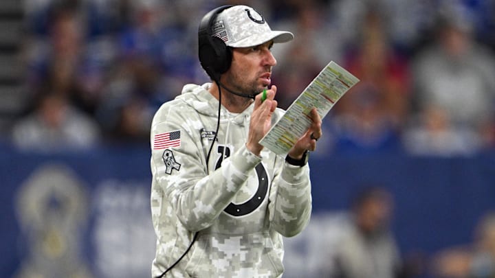 Nov 10, 2024; Indianapolis, Indiana, USA; Indianapolis Colts Indianapolis Colts head coach Shane Steichen reacts on the sidelines during the second half against the Buffalo Bills at Lucas Oil Stadium. Mandatory Credit: Marc Lebryk-Imagn Images