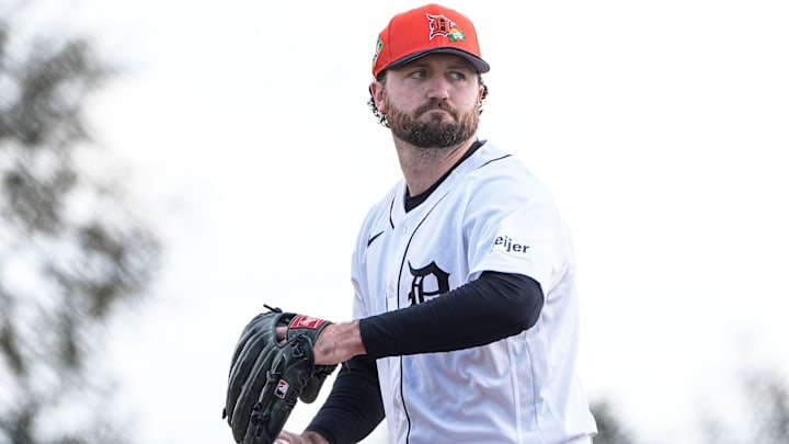 Detroit Tigers pitcher Casey Mize throws at live batting practice during spring training.
