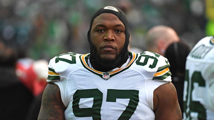 Jan 12, 2025; Philadelphia, Pennsylvania, USA; Green Bay Packers defensive tackle Kenny Clark (97) against the Philadelphia Eagles in an NFC wild card game at Lincoln Financial Field. Mandatory Credit: Eric Hartline-Imagn Images