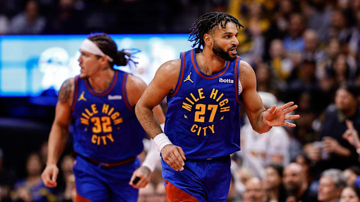Nov 7, 2025; Denver, Colorado, USA; Denver Nuggets guard Jamal Murray (27) reacts after a basket in the second quarter against the Golden State Warriors at Ball Arena. Mandatory Credit: Isaiah J. Downing-Imagn Images