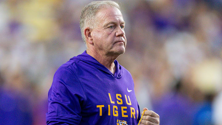 Oct 11, 2025; Baton Rouge, Louisiana, USA;  LSU Tigers head coach Brian Kelly looks on against the South Carolina Gamecocks during the first half at Tiger Stadium. Mandatory Credit: Stephen Lew-Imagn Images