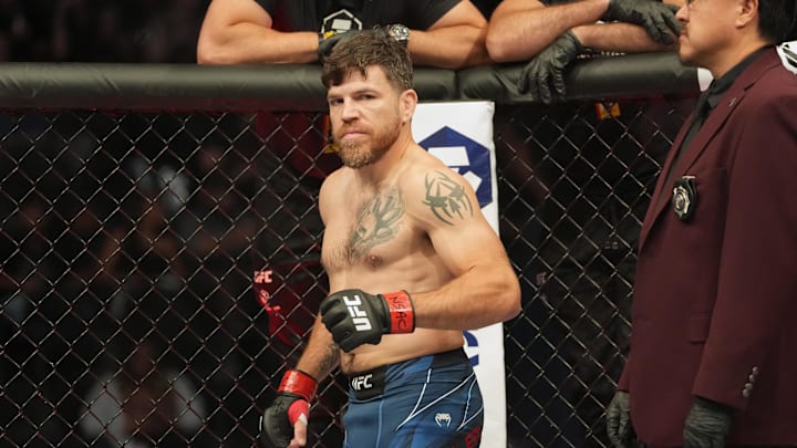 Jul 2, 2022; Las Vegas, Nevada, USA; Jim Miller (red gloves) reacts before a bout against Donald