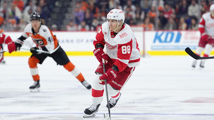 Apr 2, 2026; Philadelphia, Pennsylvania, USA; Detroit Red Wings right wing Patrick Kane (88) controls the puck against the Philadelphia Flyers in the third period at Xfinity Mobile Arena. Mandatory Credit: Kyle Ross-Imagn Images