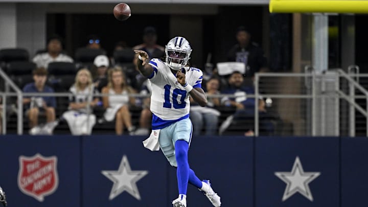 Dallas Cowboys quarterback Joe Milton III throws the ball during the first quarter against the Baltimore Ravens.