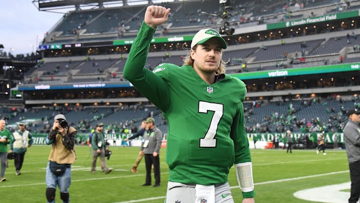 Dec 29, 2024; Philadelphia, Pennsylvania, USA; Philadelphia Eagles quarterback Kenny Pickett (7) walks off the field after win against the Dallas Cowboys at Lincoln Financial Field. Mandatory Credit: Eric Hartline-Imagn Images