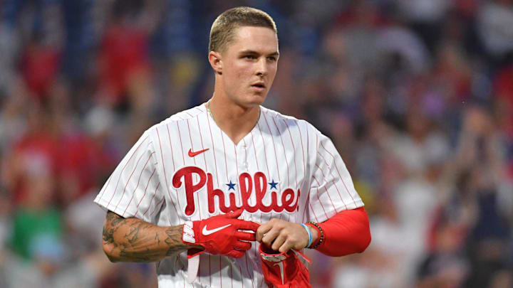 Jun 28, 2022; Philadelphia, Pennsylvania, USA; Philadelphia Phillies center fielder Mickey Moniak (16) reacts after after striking out against the Atlanta Braves at Citizens Bank Park. Mandatory Credit: Eric Hartline-Imagn Images Jun 28, 2022; Philadelphia, Pennsylvania, USA; Philadelphia Phillies center fielder Mickey Moniak (16) reacts after after striking out against the Atlanta Braves at Citizens Bank Park. Mandatory Credit: Eric Hartline-Imagn Images