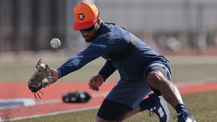 Feb 14, 2025; West Palm Beach, FL, USA; Houston Astros infielder Brice Matthews (86) works out during spring training at CACTI Park of the Palm Beaches. 