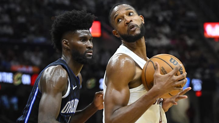 Apr 20, 2024; Cleveland, Ohio, USA; Orlando Magic forward Jonathan Isaac (1) defends Cleveland Cavaliers forward Evan Mobley (4) in the second quarter during game one of the first round for the 2024 NBA playoffs at Rocket Mortgage FieldHouse. Mandatory Credit: David Richard-Imagn Images Apr 20, 2024; Cleveland, Ohio, USA; Orlando Magic forward Jonathan Isaac (1) defends Cleveland Cavaliers forward Evan Mobley (4) in the second quarter during game one of the first round for the 2024 NBA playoffs at Rocket Mortgage FieldHouse. Mandatory Credit: David Richard-Imagn Images
