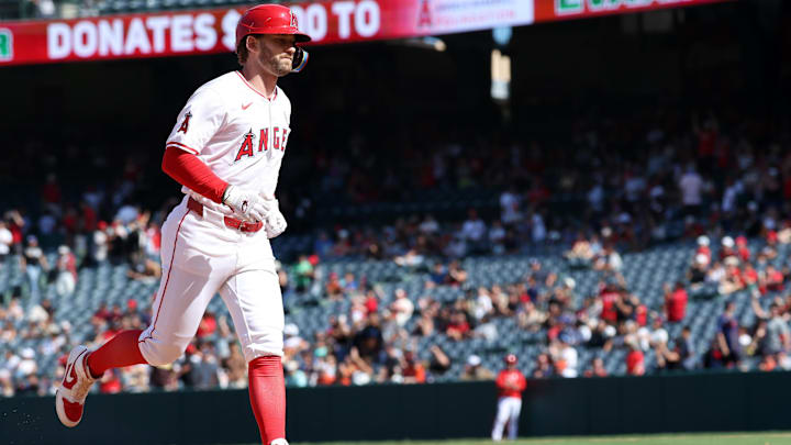 Sep 15, 2024; Anaheim, California, USA;  Los Angeles Angels left fielder Taylor Ward (3) runs the bases on a home run during the eighth inning against the Houston Astros at Angel Stadium. Mandatory Credit: Kiyoshi Mio-Imagn Images