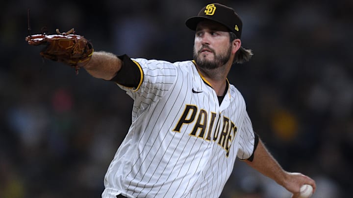 Jul 29, 2021; San Diego, California, USA; San Diego Padres relief pitcher Drew Pomeranz (15) throws a pitch against the Colorado Rockies during the eighth inning at Petco Park.