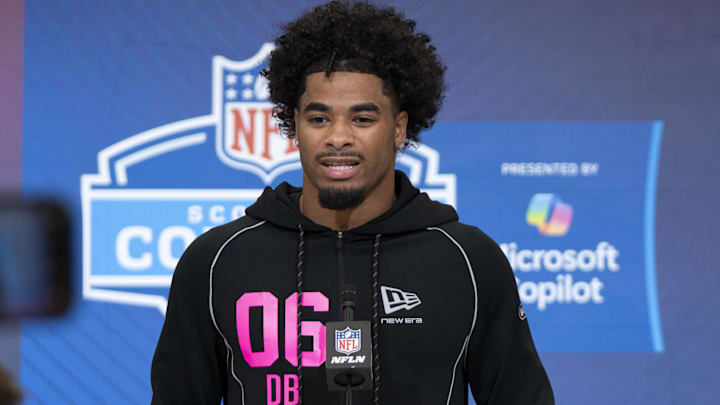 Feb 26, 2026; Indianapolis, IN, USA; LSU defensive back Mansoor Delane (DB06) speaks to media members during the NFL Combine at the Indiana Convention Center. Mandatory Credit: Jacob Musselman-Imagn Images
