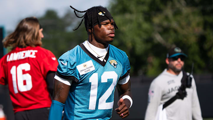Jacksonville Jaguars wide receiver Travis Hunter (12) jogs to his first drill during the Jacksonville Jaguars’ third mandatory minicamp Thursday June 12, 2025 at the Miller Electric Center in Jacksonville, Fla. [Doug Engle/Florida Times-Union]