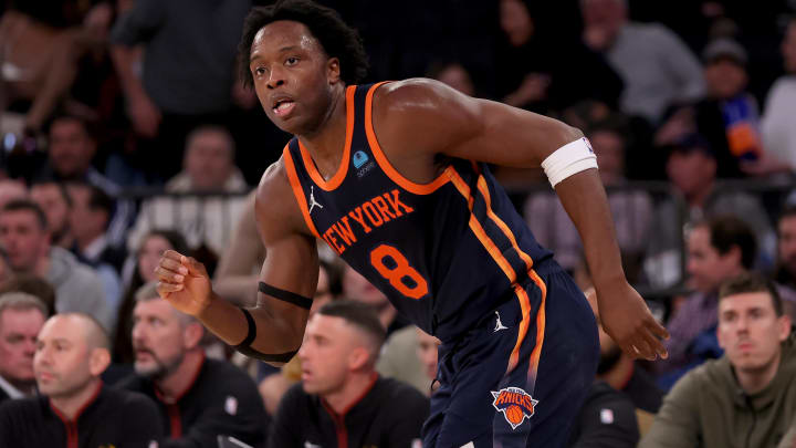 Jan 25, 2024; New York, New York, USA; New York Knicks forward OG Anunoby (8) during the third quarter against the Denver Nuggets at Madison Square Garden. Mandatory Credit: Brad Penner-USA TODAY Sports