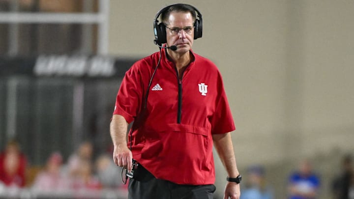 Sep 12, 2025; Bloomington, Indiana, USA; Indiana Hoosiers head coach Curt Cignetti walks along the sideline during the second half against the Indiana State Sycamores at Memorial Stadium. Mandatory Credit: Robert Goddin-Imagn Images