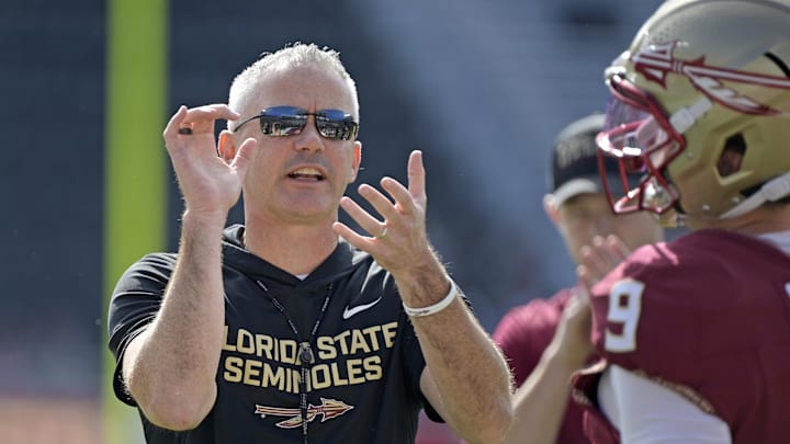 Oct 11, 2025; Tallahassee, Florida, USA; Florida State Seminoles head coach Mike Norvell before the game against the Pittsburgh Panthers at Doak S. Campbell Stadium. Mandatory Credit: Melina Myers-Imagn Images