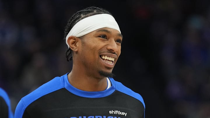 Dec 30, 2024; Sacramento, California, USA; Dallas Mavericks guard Brandon Williams (10) before the game against the Sacramento Kings at Golden 1 Center. Mandatory Credit: Darren Yamashita-Imagn Images