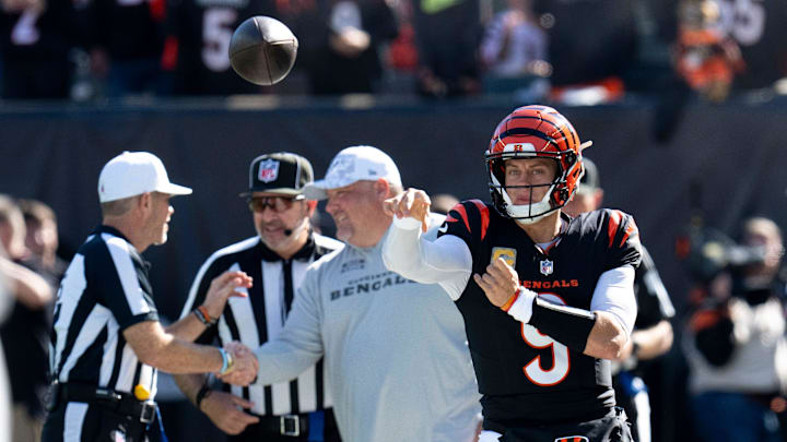 Cincinnati Bengals quarterback Joe Burrow (9) warms up before the NFL game between the Cincinnati Bengals and the Las Vegas Raiders at Paycor Stadium in Cincinnati on Sunday, Nov. 3, 2024.