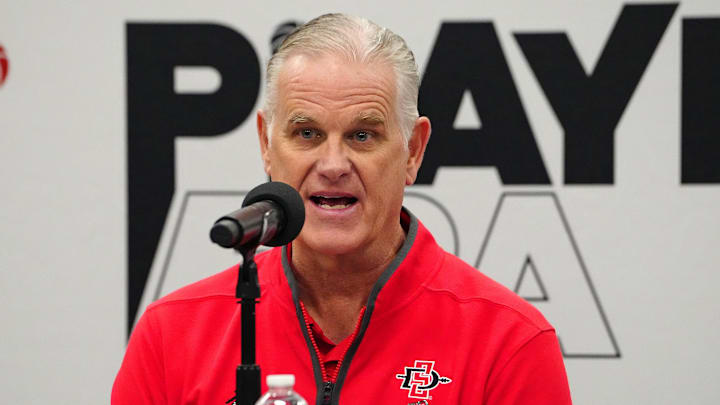 Nov 27, 2024; Las Vegas, Nevada, USA; San Diego State Aztecs head coach Brian Dutcher talks during a presser after the Aztecs were defeated by the Oregon Ducks 78-68 at MGM Grand Garden Arena. 