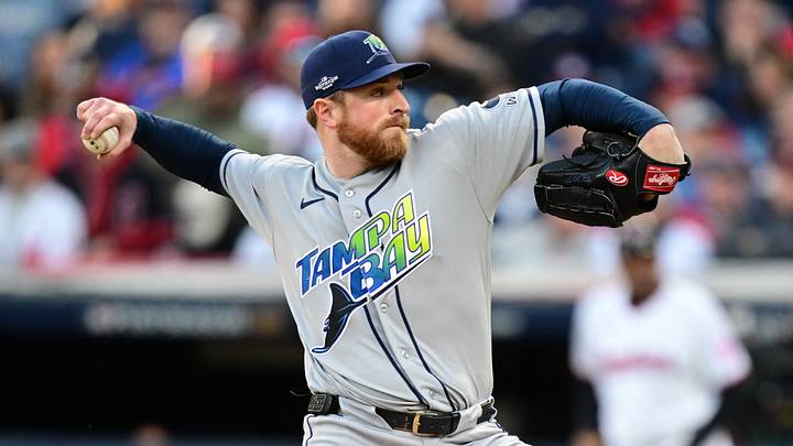 Oct 18, 2026; Cleveland, Ohio, USA; Tampa Bay Rays pitcher Drew Rasmussen (57) throws a pitch against the Cleveland Guardians in the second inning in game five of the ALCS for the 2026 MLB Playoffs at Progressive Field. Mandatory Credit: David Dermer-Imagn Images Oct 18, 2026; Cleveland, Ohio, USA; Tampa Bay Rays pitcher Drew Rasmussen (57) throws a pitch against the Cleveland Guardians in the second inning in game five of the ALCS for the 2026 MLB Playoffs at Progressive Field. Mandatory Credit: David Dermer-Imagn Images