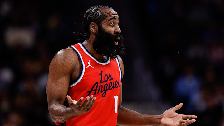 Dec 13, 2024; Denver, Colorado, USA; Los Angeles Clippers guard James Harden (1) reacts in the first quarter against the Denver Nuggets at Ball Arena. Mandatory Credit: Isaiah J. Downing-Imagn Images