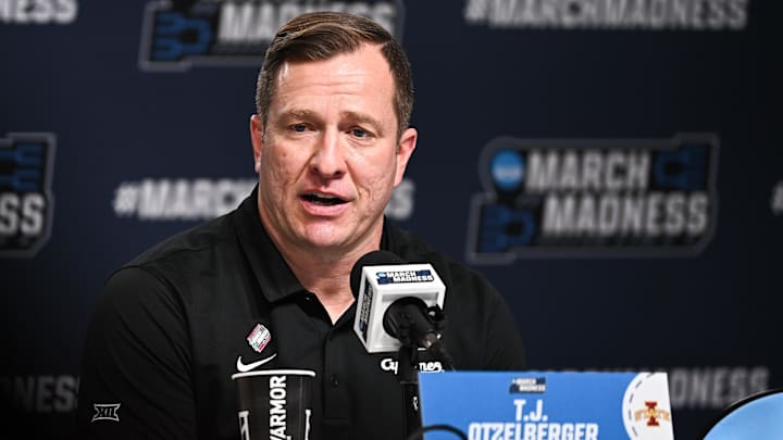 Mar 22, 2026; St. Louis, MO, USA; Iowa State Cyclones head coach T.J. Otzelberger speaks during the postgame press conference after the game against the Kentucky Wildcats during a second round game of the men's 2026 NCAA Tournament at Enterprise Center. Mar 22, 2026; St. Louis, MO, USA; Iowa State Cyclones head coach T.J. Otzelberger speaks during the postgame press conference after the game against the Kentucky Wildcats during a second round game of the men's 2026 NCAA Tournament at Enterprise Center.