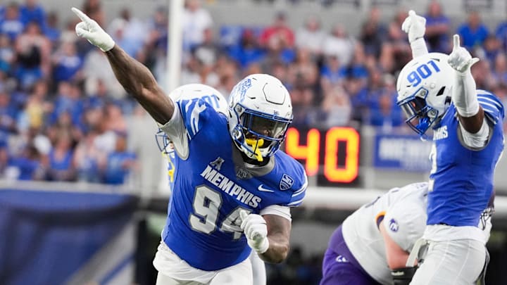 Memphis' William Whitlow Jr. (94) reacts after making a stop during the game between Memphis and North Alabama at Simmons Bank Liberty Stadium in Memphis, Tenn., on Saturday, August 31, 2024.