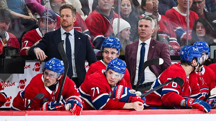 Mar 21, 2026; Montreal, Quebec, CAN; Montreal Canadiens head coach Martin St-Louis tracks the play from the bench against the New York Islanders during the third period at Bell Centre. Mandatory Credit: David Kirouac-Imagn Images Mar 21, 2026; Montreal, Quebec, CAN; Montreal Canadiens head coach Martin St-Louis tracks the play from the bench against the New York Islanders during the third period at Bell Centre. Mandatory Credit: David Kirouac-Imagn Images