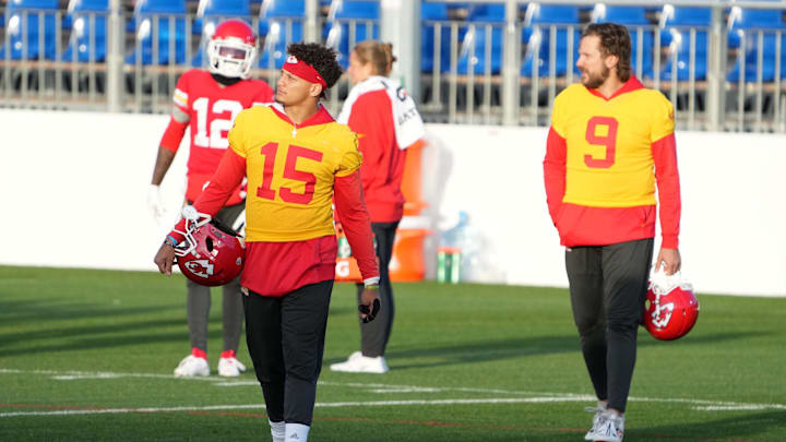 Nov 3, 2023; Frankfurt, Germany; Kansas City Chiefs quarterback Patrick Mahomes (15) and quarterback Blaine Gabbert (9)] during practice at DFB Campus. Mandatory Credit: Kirby Lee-USA TODAY Sports