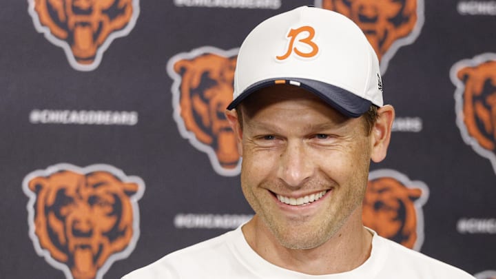 Jul 24, 2025; Lake Forest, IL, USA; Chicago Bears head coach Ben Johnson speaks during training camp at Halas Hall. Mandatory Credit: Kamil Krzaczynski-Imagn Images
