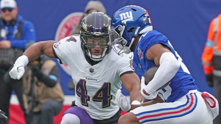 East Rutherford, NJ -- December 15, 2024 -- Marlon Humphrey of the Ravens lines up Darius Slayton of the Giants in the first half. The Baltimore Ravens came to MetLife Stadium to play the New York Giants.