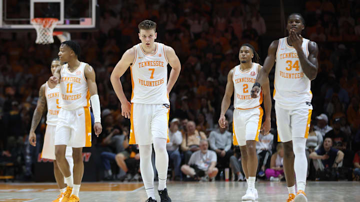Mar 8, 2025; Knoxville, Tennessee, USA; Tennessee Volunteers guard Jordan Gainey (11) and forward Igor Milicic Jr. (7) and guard Chaz Lanier (2) and forward Felix Okpara (34) during the second half against the South Carolina Gamecocks at Thompson-Boling Arena at Food City Center. Mandatory Credit: Randy Sartin-Imagn Images