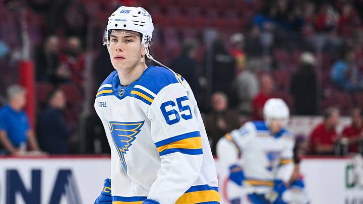 Dec 7, 2025; Montreal, Quebec, CAN; St. Louis Blues center Aleksanteri Kaskimaki (65) looks on during warm-up before the game against the Montreal Canadiens at Bell Centre. Mandatory Credit: David Kirouac-Imagn Images