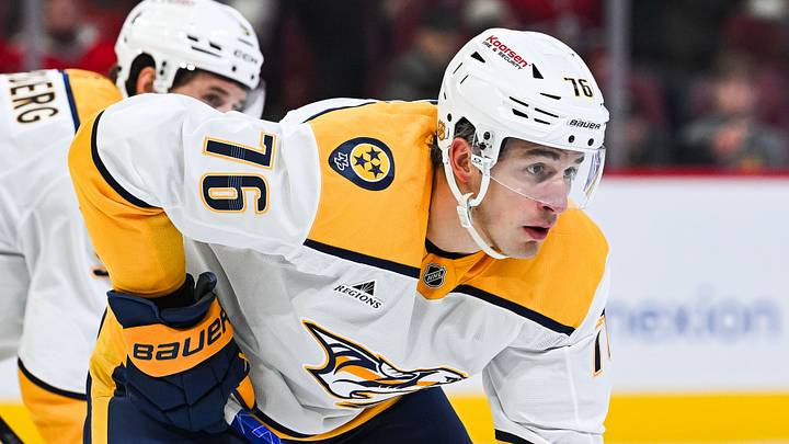 Oct 16, 2025; Montreal, Quebec, CAN; Nashville Predators defenseman Brady Skjei (76) waits for a face-off against the Montreal Canadiens during the second period at Bell Centre. Mandatory Credit: David Kirouac-Imagn Images