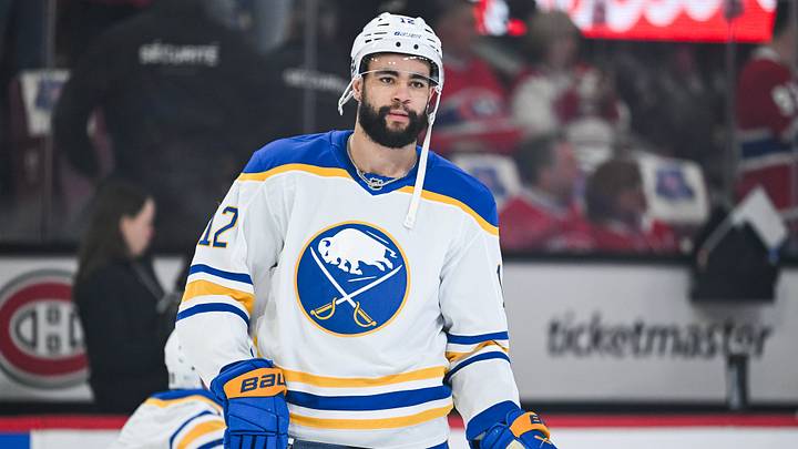 May 16, 2026; Montreal, Quebec, CAN; Buffalo Sabres left wing Jordan Greenway (12) looks on during warm-up before the game against the Montreal Canadiens in game six of the second round of the 2026 Stanley Cup Playoffs at Bell Centre. Mandatory Credit: David Kirouac-Imagn Images